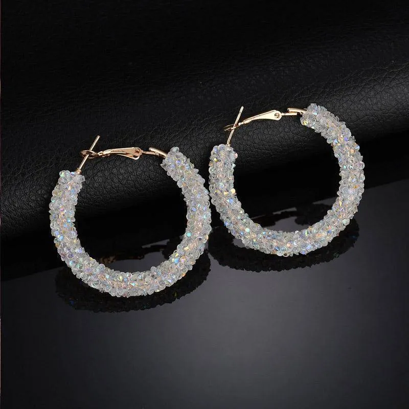 Fun-Tastic Crystal Bold Hoop Earrings for Women in Black, Iridescent Black, or Opalescent White