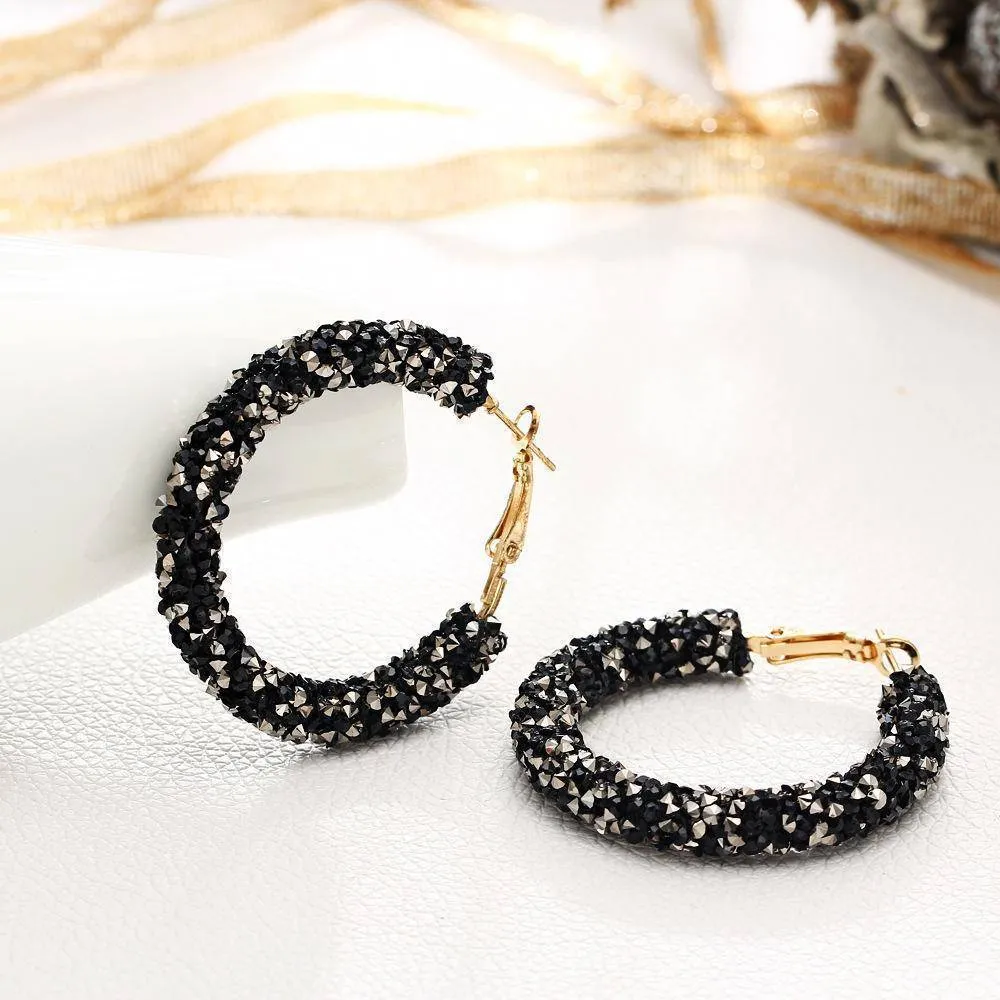 Fun-Tastic Crystal Bold Hoop Earrings for Women in Black, Iridescent Black, or Opalescent White