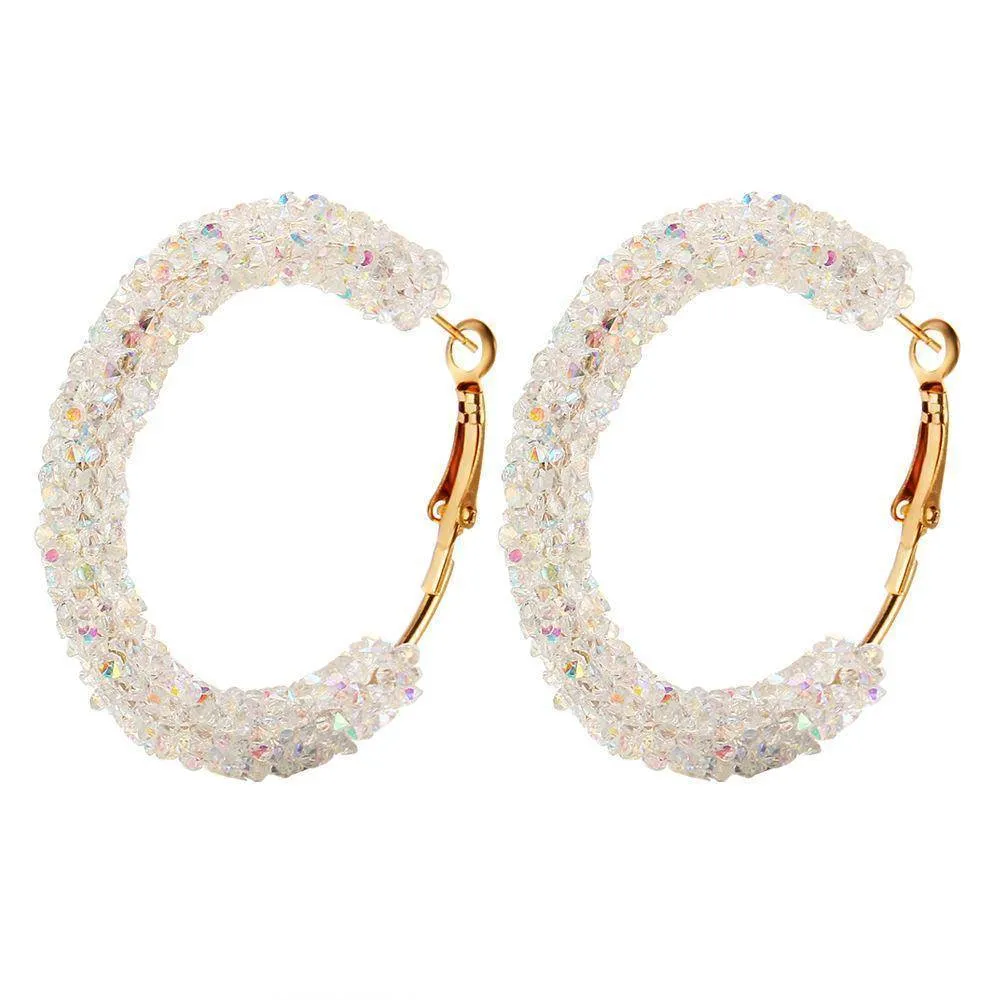 Fun-Tastic Crystal Bold Hoop Earrings for Women in Black, Iridescent Black, or Opalescent White