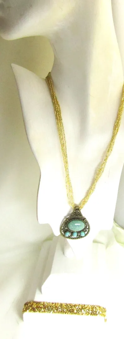 Gold Multi-strand Necklace with Antique Gold & Turquoise Pendant