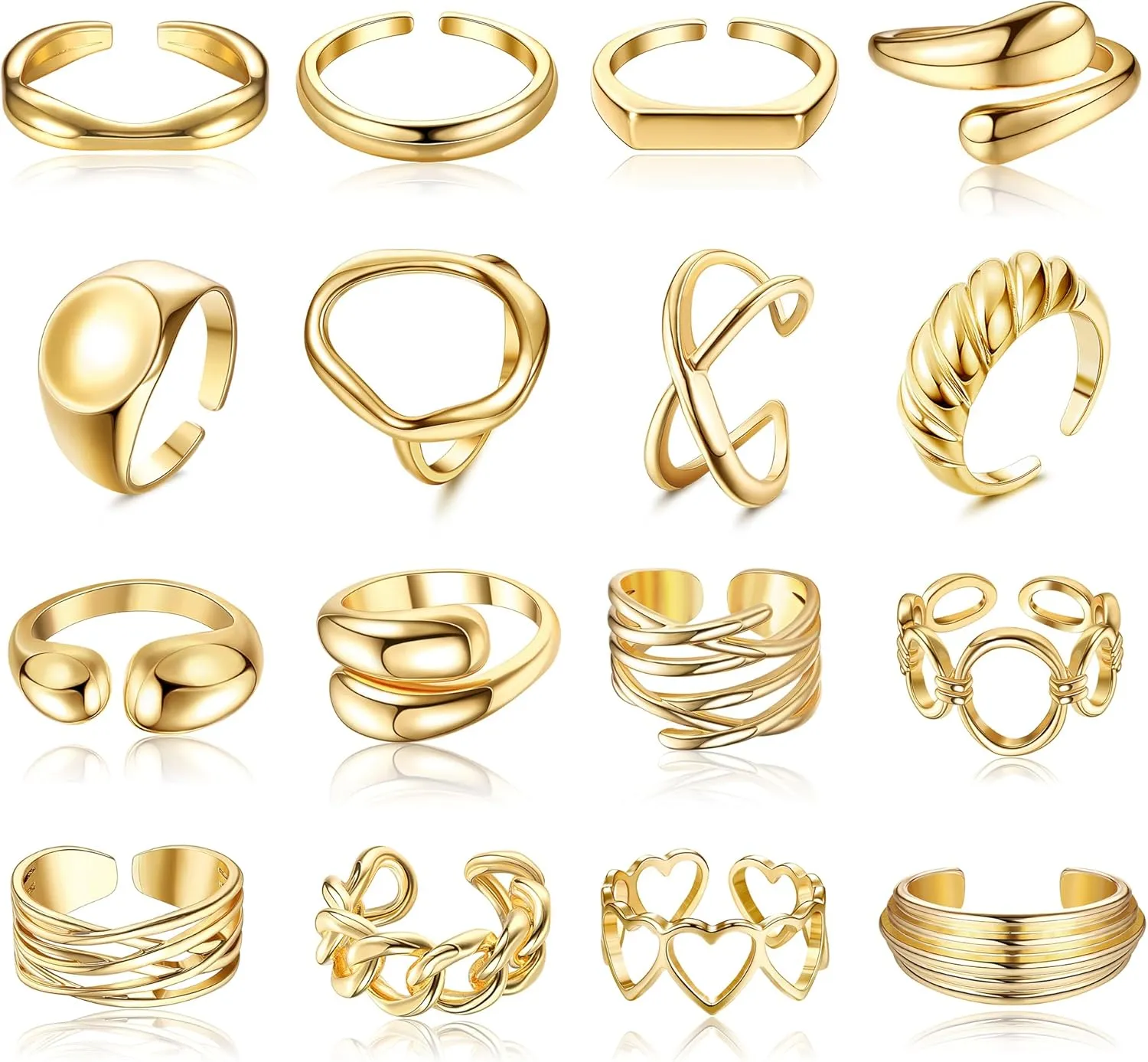 HAIAISO 16Pcs Gold Done Chunky Rings for Women 18K Gold Plated Open Braided Twisted Round Signet Statement Rings Adjustable Stackable Rings set Size 5-9