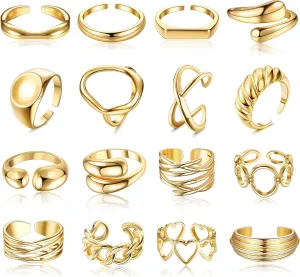 HAIAISO 16Pcs Gold Done Chunky Rings for Women 18K Gold Plated Open Braided Twisted Round Signet Statement Rings Adjustable Stackable Rings set Size 5-9