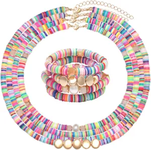 Heishi Surfer Necklaces Bracelets Colorful Vinyl Disc Beads Love Necklace Boho Rainbow Stack Stretch Friendship Bracelet Necklaces Set for Women