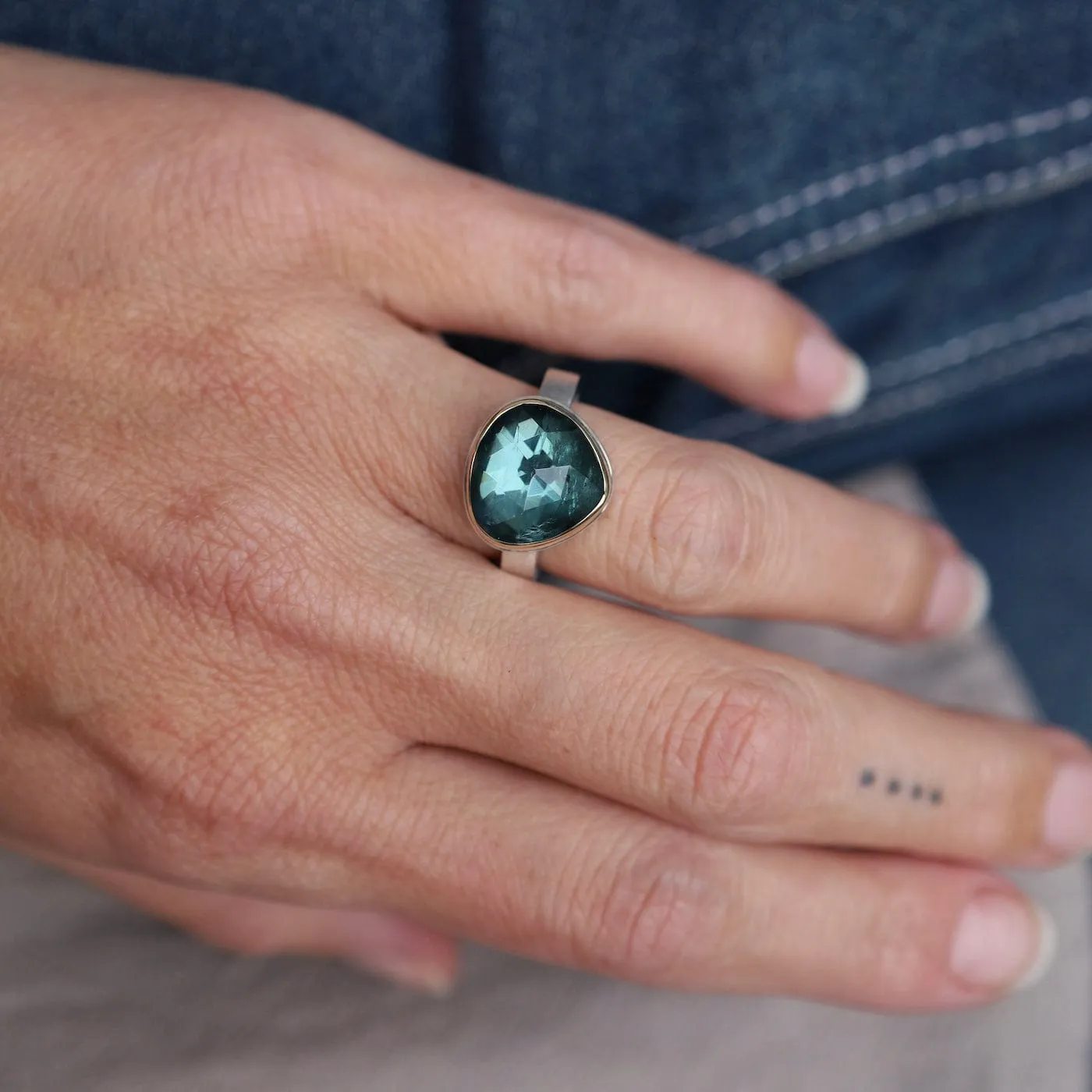 Jamie Joseph Small Lotus Rose Cut Blue Green Tourmaline Ring