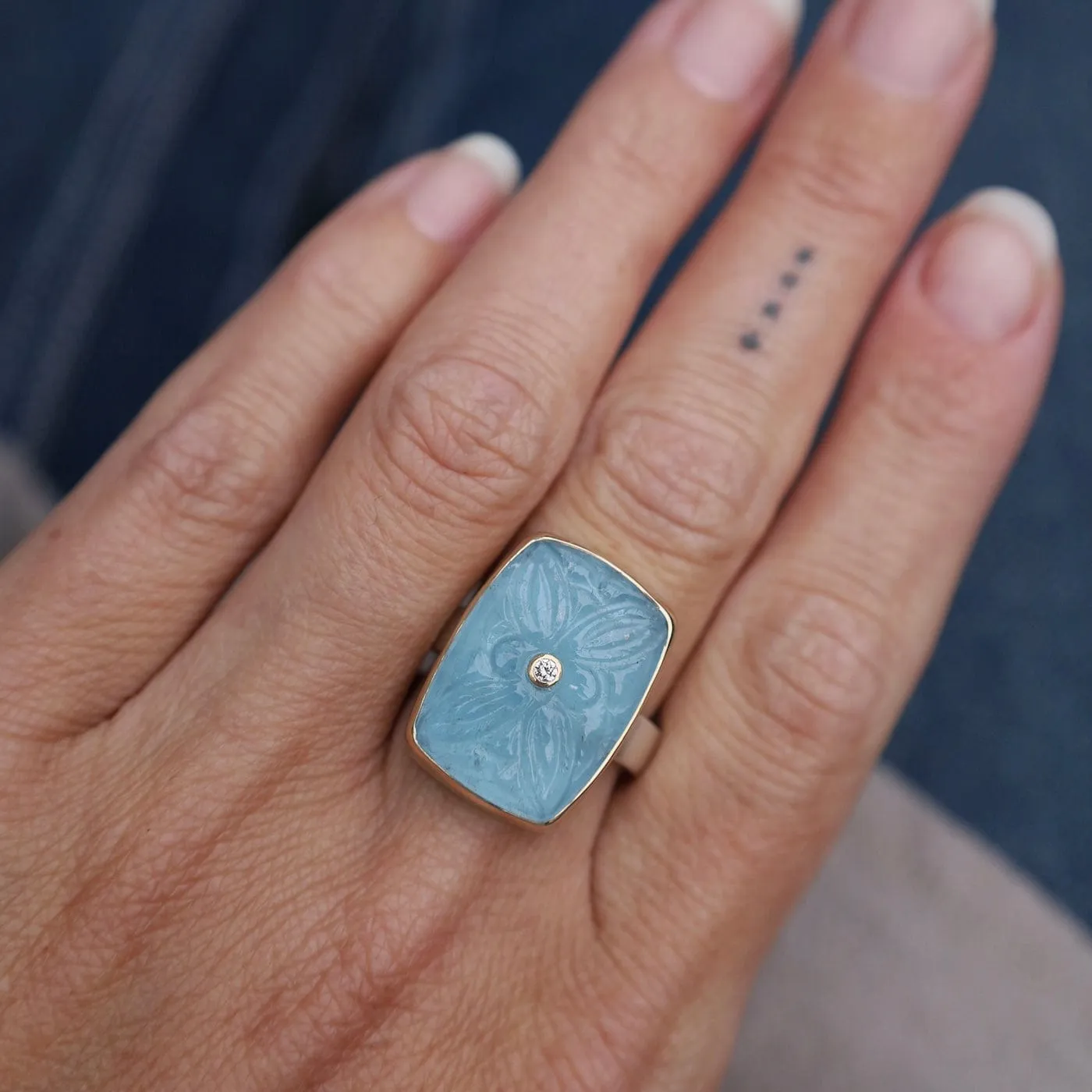 Jamie Joseph Vertical Rectangular Hand Carved Aquamarine & Diamond Ring