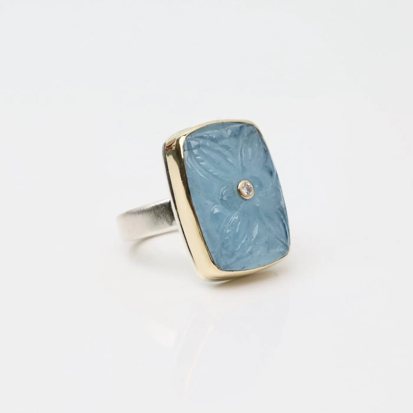 Jamie Joseph Vertical Rectangular Hand Carved Aquamarine & Diamond Ring