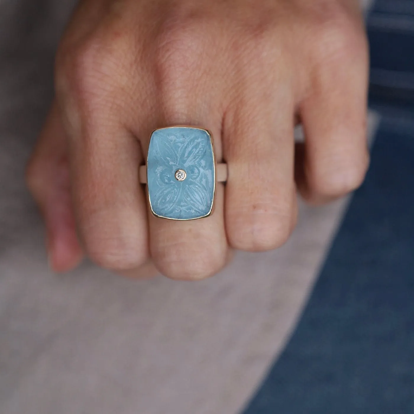 Jamie Joseph Vertical Rectangular Hand Carved Aquamarine & Diamond Ring
