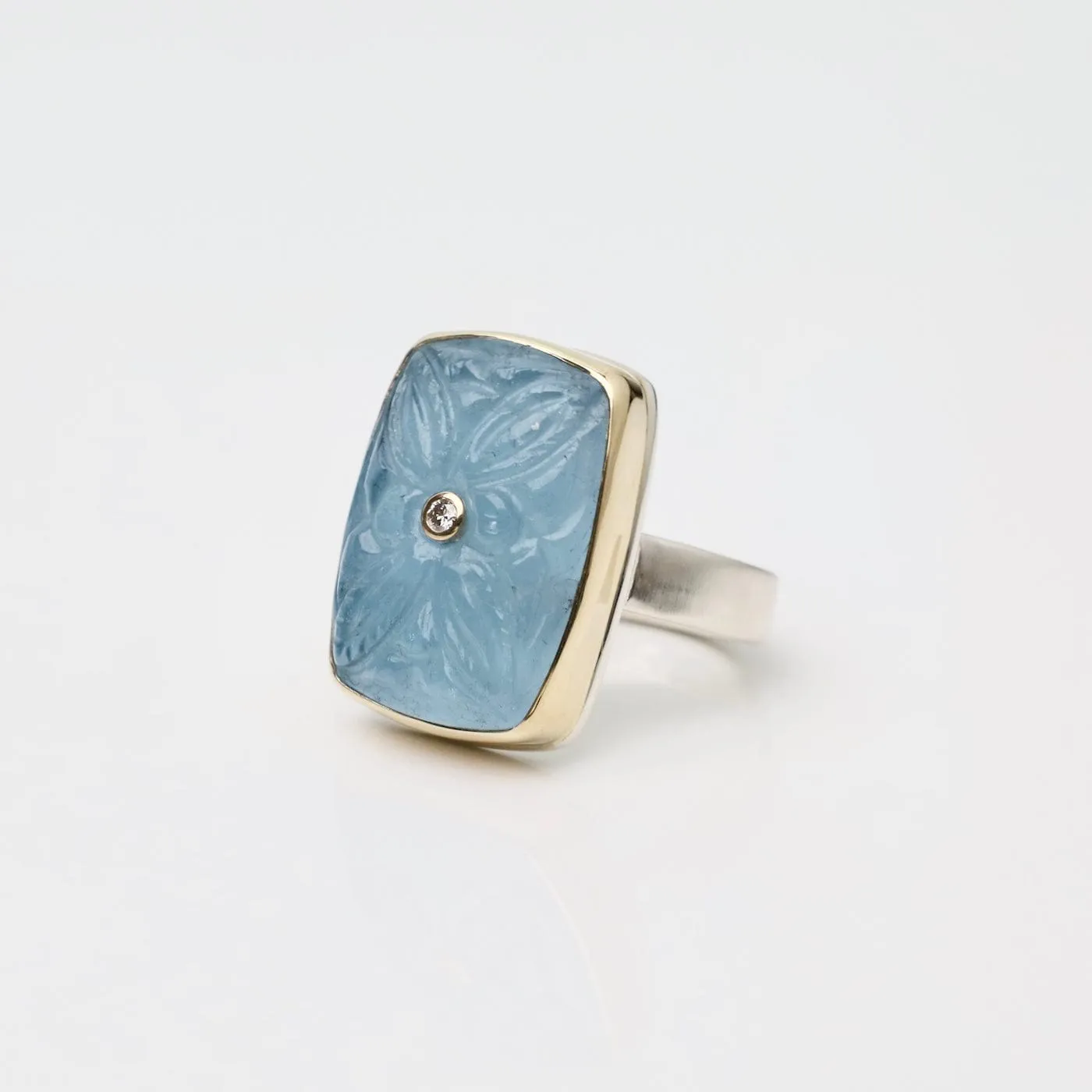 Jamie Joseph Vertical Rectangular Hand Carved Aquamarine & Diamond Ring