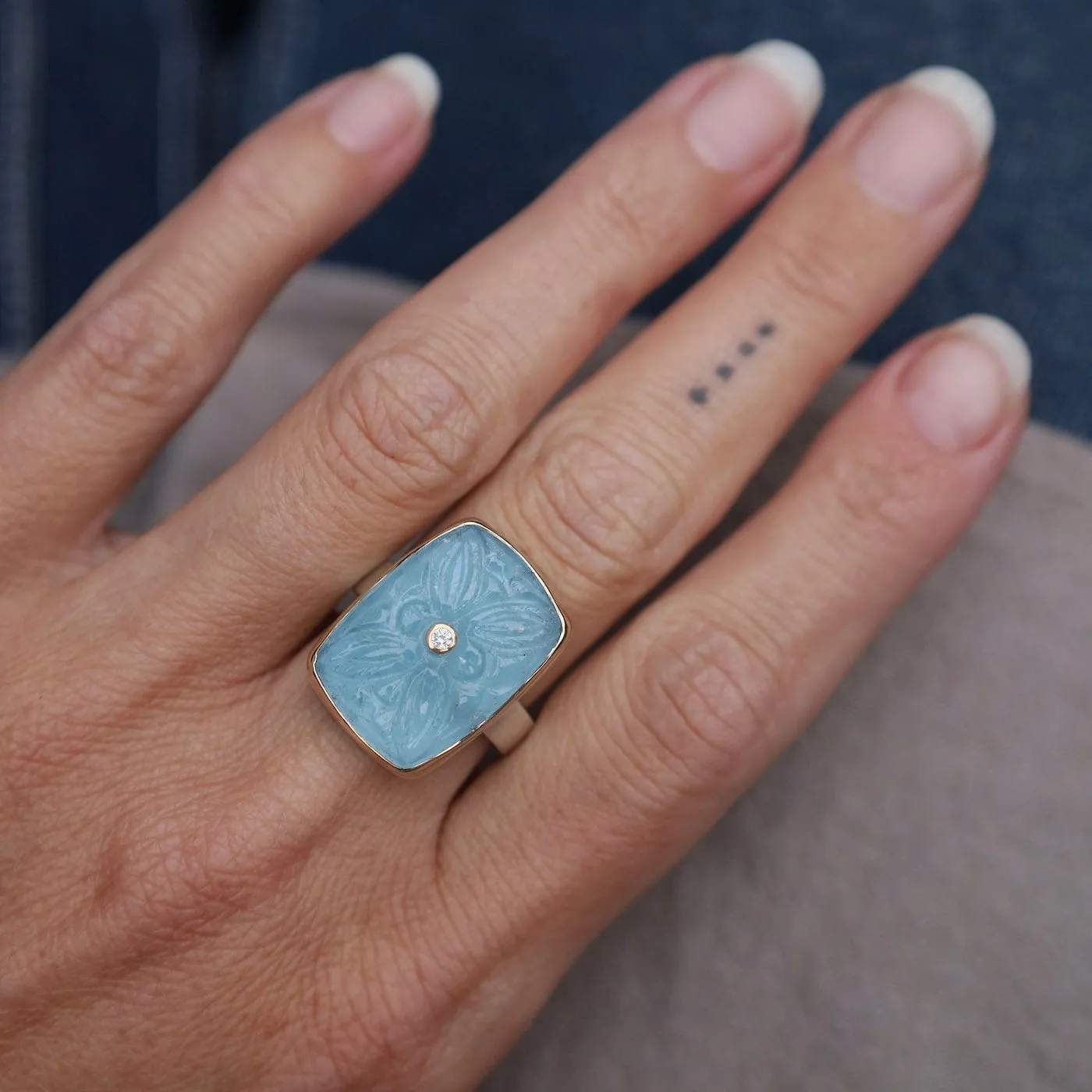 Jamie Joseph Vertical Rectangular Hand Carved Aquamarine & Diamond Ring