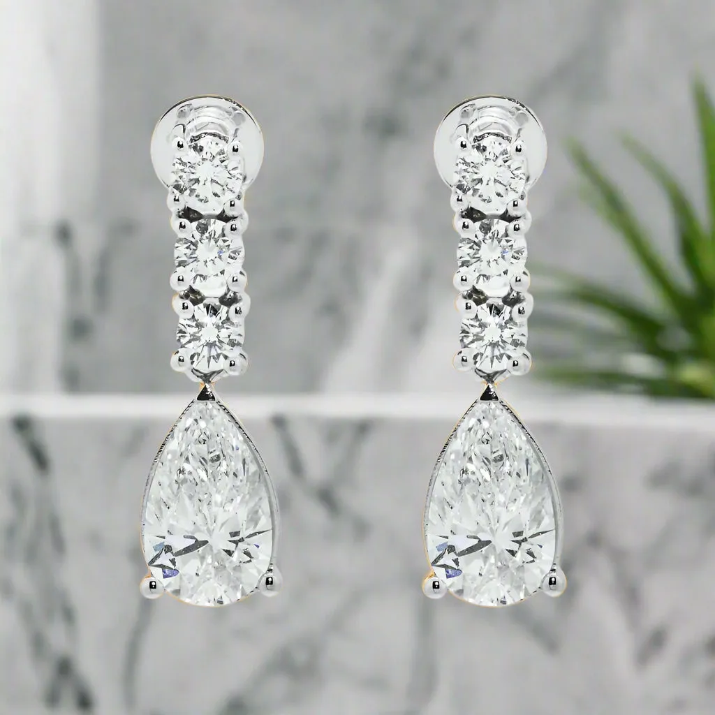 Lidia 3 Carats Pear & Round Lab Grown Diamond Drop Earrings in 18K White Gold
