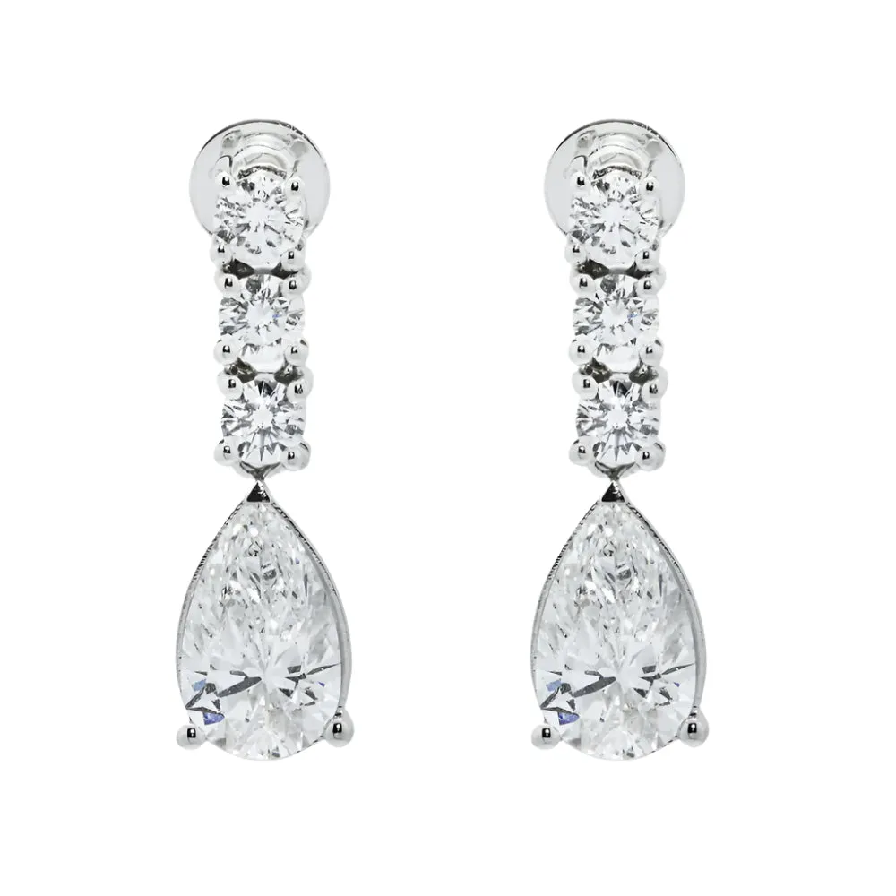 Lidia 3 Carats Pear & Round Lab Grown Diamond Drop Earrings in 18K White Gold