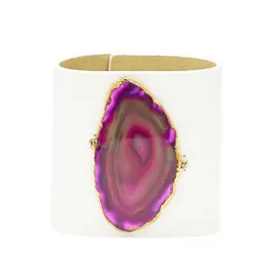LOVED CUFF - MOONSTONE WHITE LEATHER WITH PINK AGATE  M.1.03.005.2103