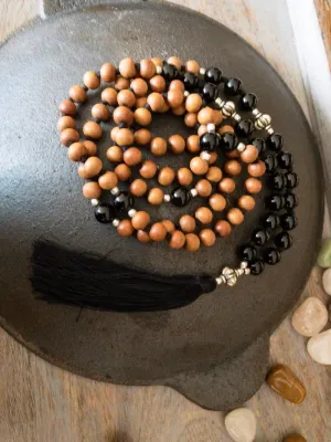Natural Sandalwood Black Onyx 8mm 108 Mala Beads, Spiritual, Meditation Beads, Reiki, Japa Mala, Buddhist Prayer Beads, Yoga Bracelet, healing beads LKMALA-RRGU-3555
