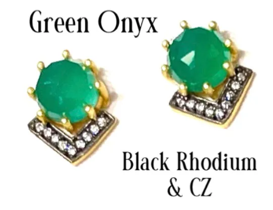 Petite Green Onyx and Rhodium Gold Stud Earrings