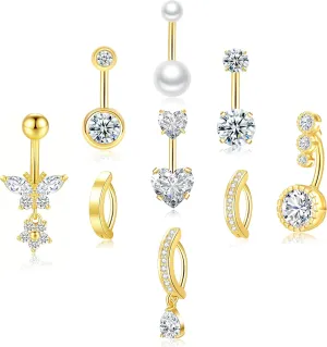PLOMFOV Gold Belly Button Ring Surgical Steel Belly Rings for Women 14G Belly Button Piercing CZ Pearl Cute Navel Ring Belly Piercing Jewelry