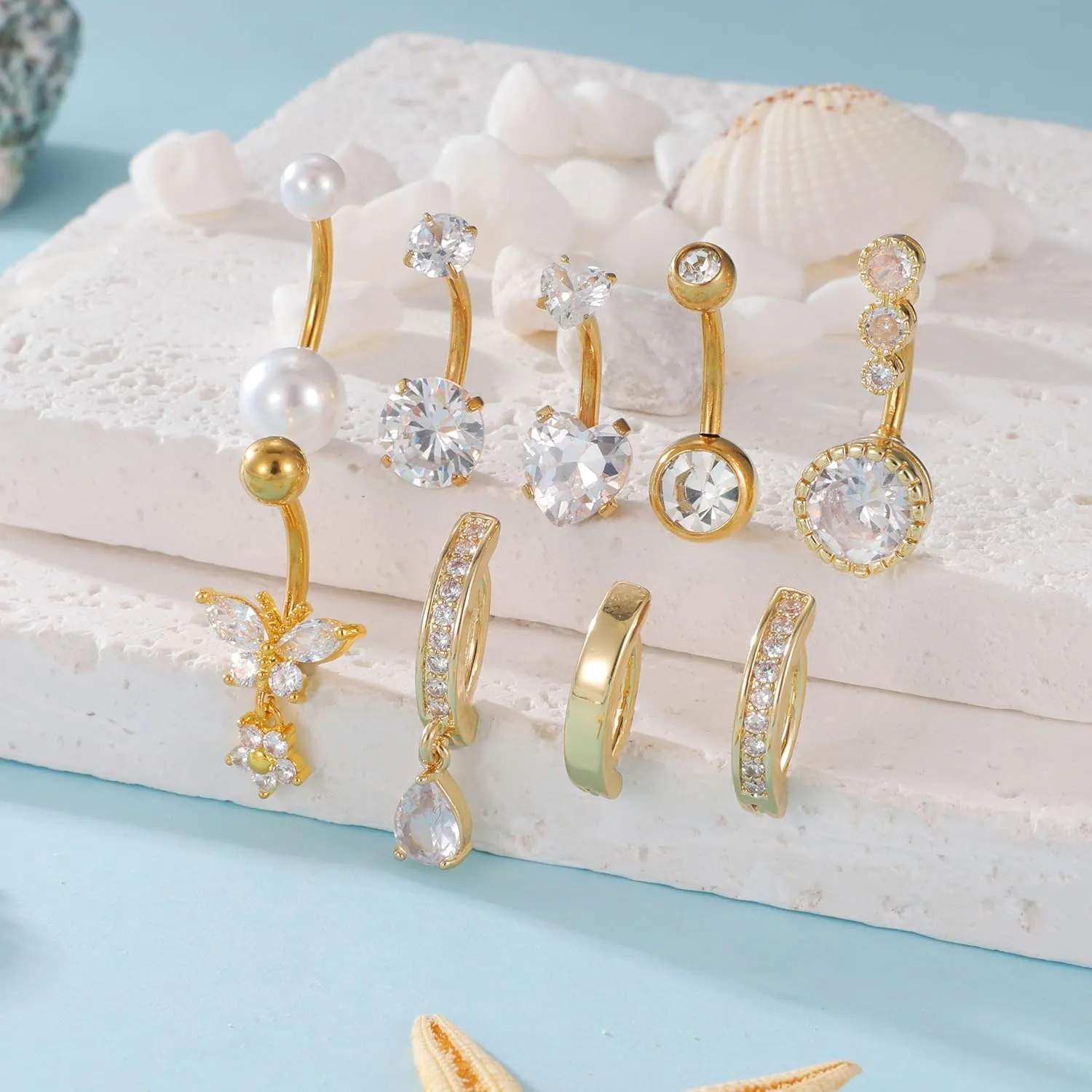 PLOMFOV Gold Belly Button Ring Surgical Steel Belly Rings for Women 14G Belly Button Piercing CZ Pearl Cute Navel Ring Belly Piercing Jewelry