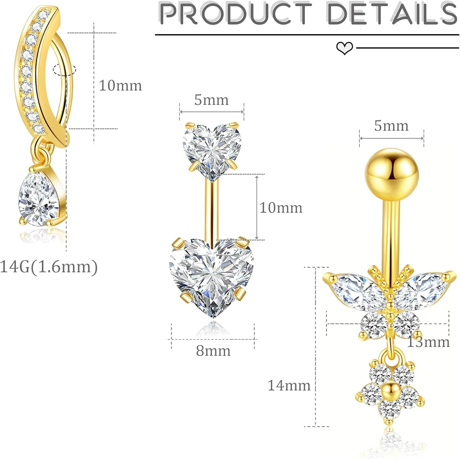 PLOMFOV Gold Belly Button Ring Surgical Steel Belly Rings for Women 14G Belly Button Piercing CZ Pearl Cute Navel Ring Belly Piercing Jewelry
