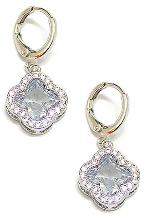 Raise The Stake Clover & CZ Huggie Earrings Clear Rodium