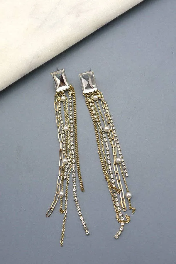 RHINESTONE POST MIX PEARL LONG DROP EARRINGS | 52E2090521