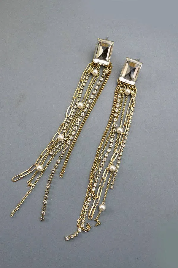 RHINESTONE POST MIX PEARL LONG DROP EARRINGS | 52E2090521