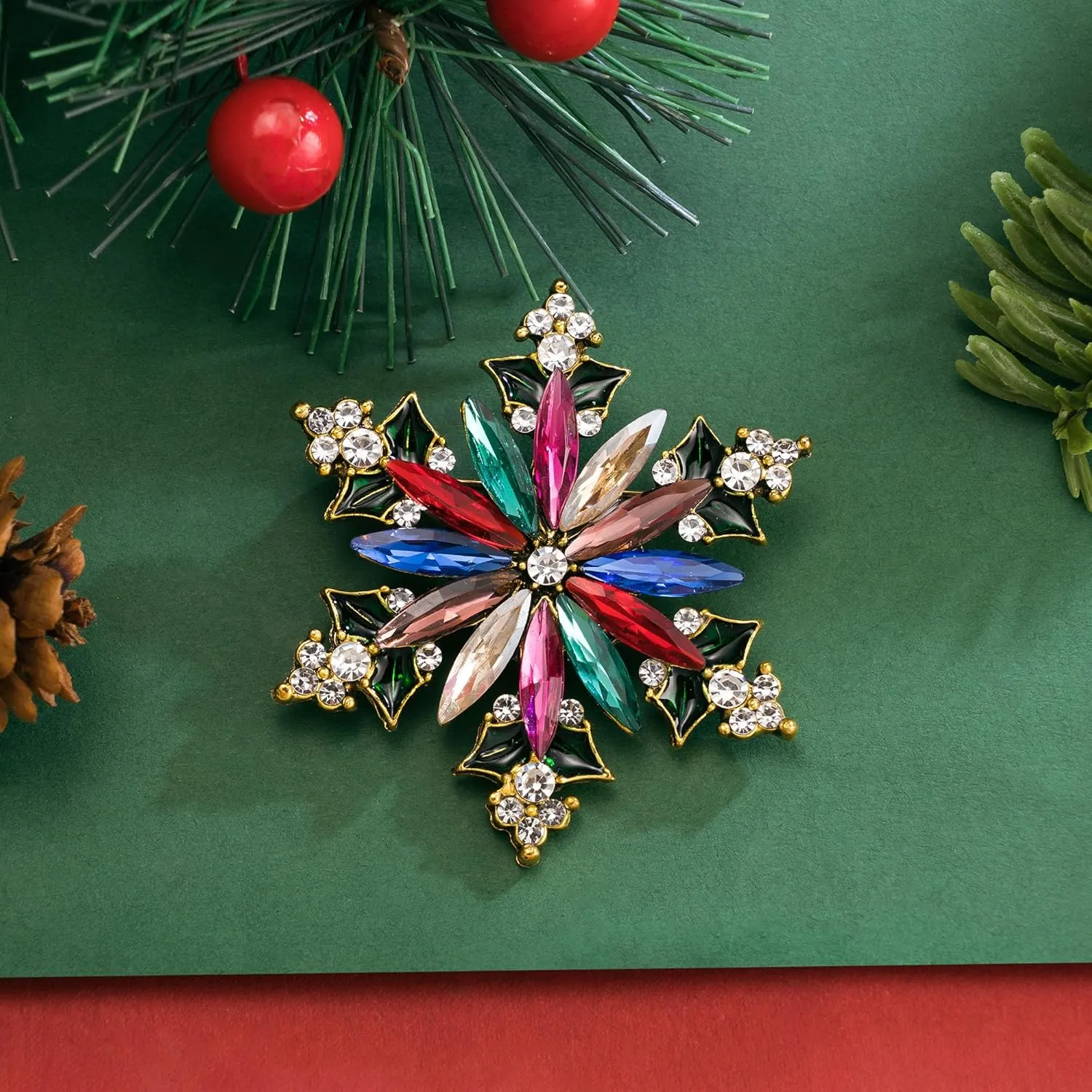 SELOVO Vintage Style Women's Crystal Snowflake Statement Brooch Pin Gold Tone