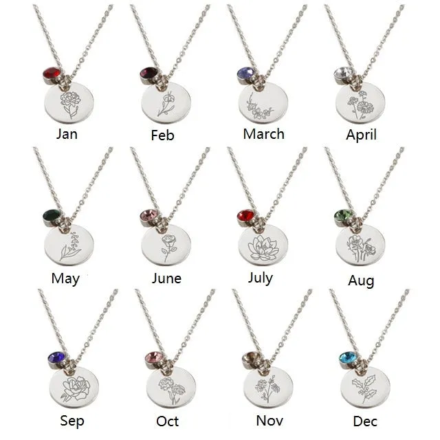 Stainless Steel Birth Flower Necklaces Birthstone Choker Necklace