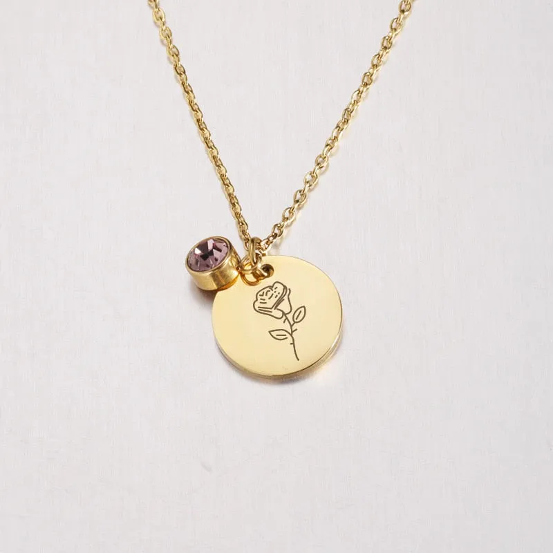 Stainless Steel Birth Flower Necklaces Birthstone Choker Necklace