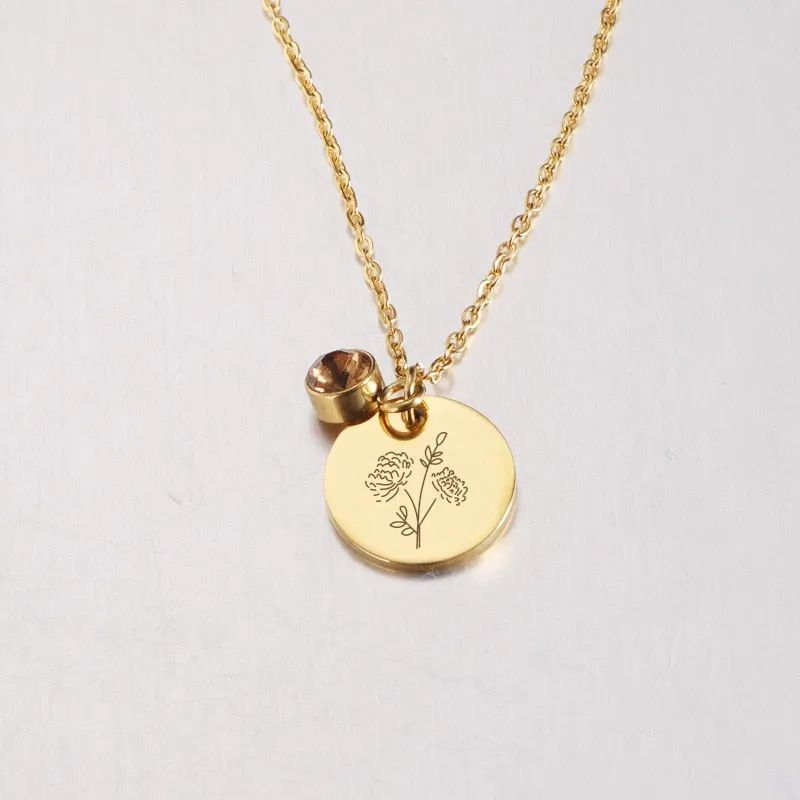 Stainless Steel Birth Flower Necklaces Birthstone Choker Necklace
