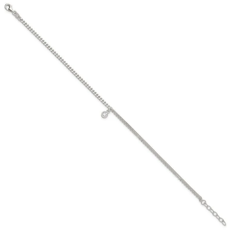 Sterling Silver CZ Fancy Chain 9in Plus 1in Ext. Anklet