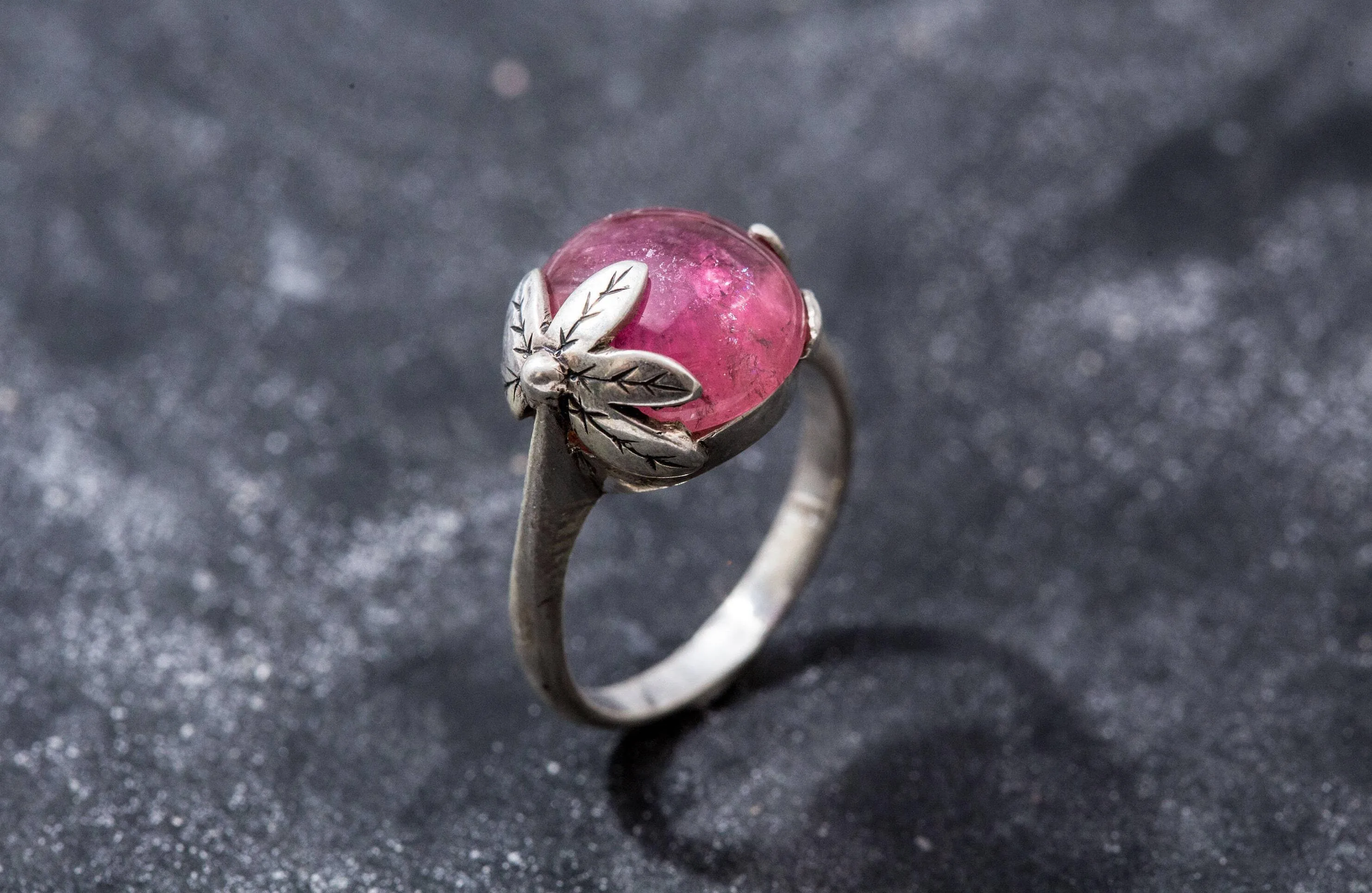 Tourmaline Ring - Pink Leaf Ring - Statement Tourmaline Ring