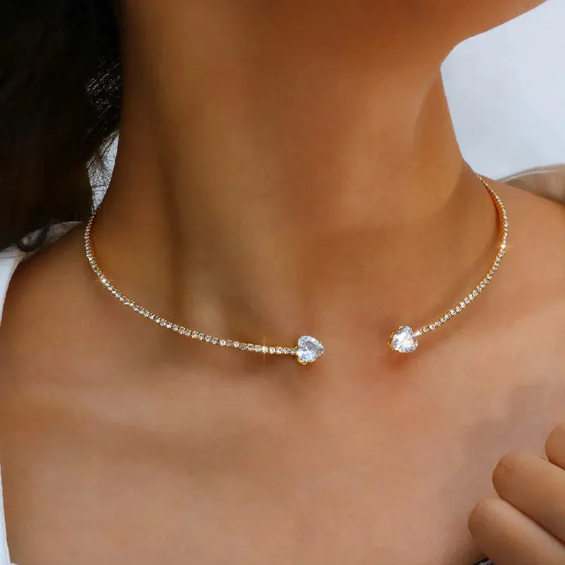 Trendy Rhinestone Heart Choker Necklace for Women