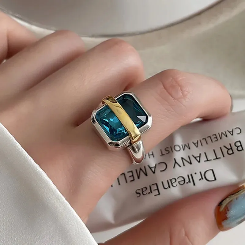 VAIGE Irregular Blue Zircon Stone Statement Ring in Silver and Gold